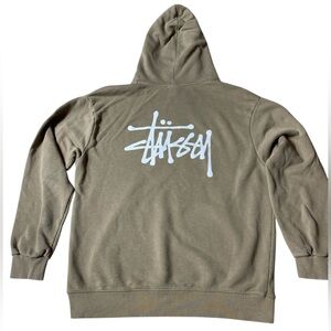 Stüssy Basic Hoodie Mens M Natural Logo Hooded Sweatshirt Olive Stussy